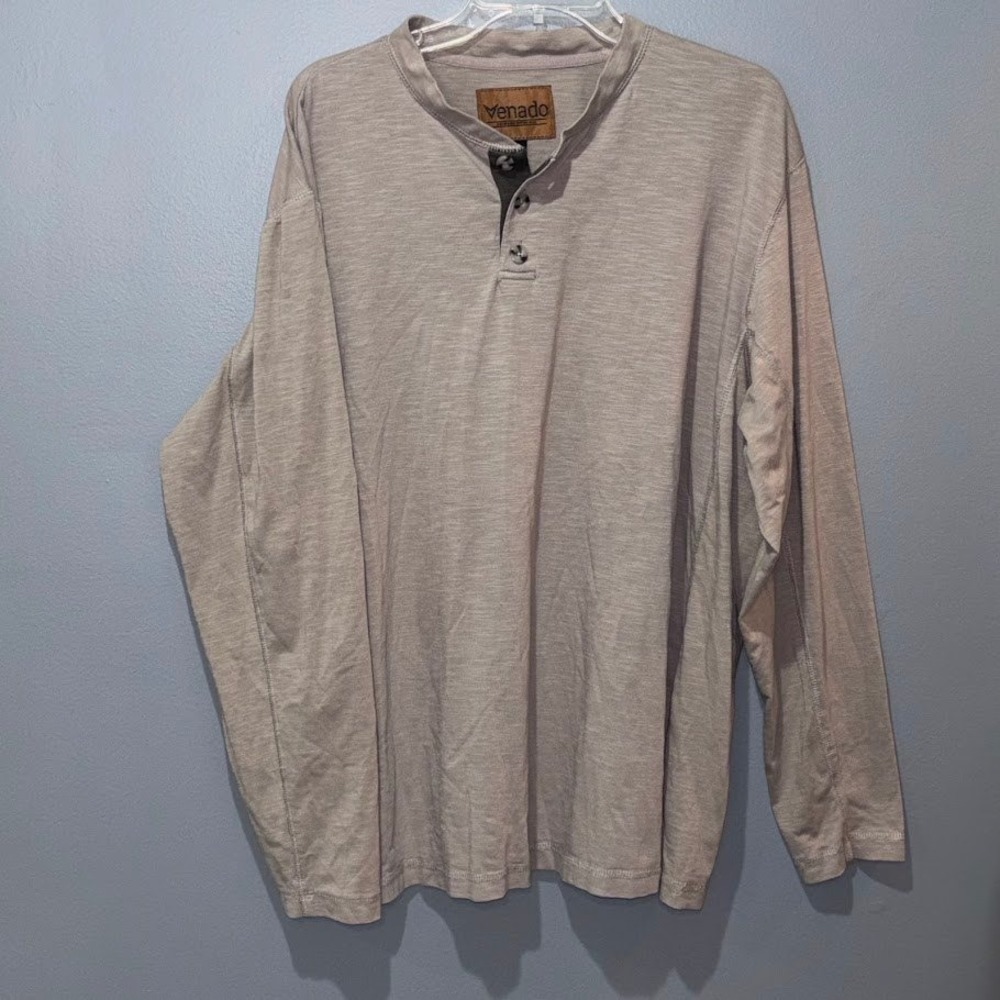 Venado Mens XL Henley Shirt Long Sleeve Slub Knit Khaki Cotton Blend‎ 3 Button